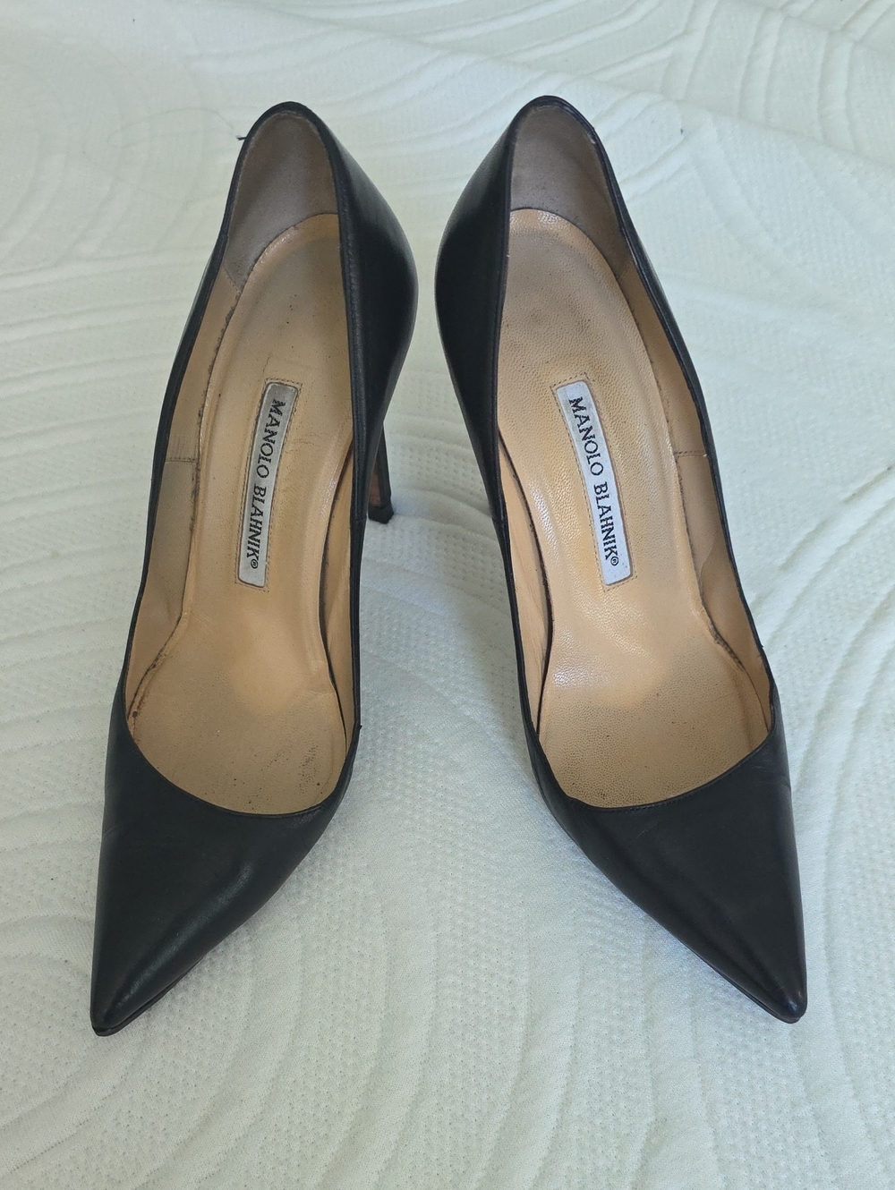 Manolo Blahnik Black Pointed-Toe Leather Pumps